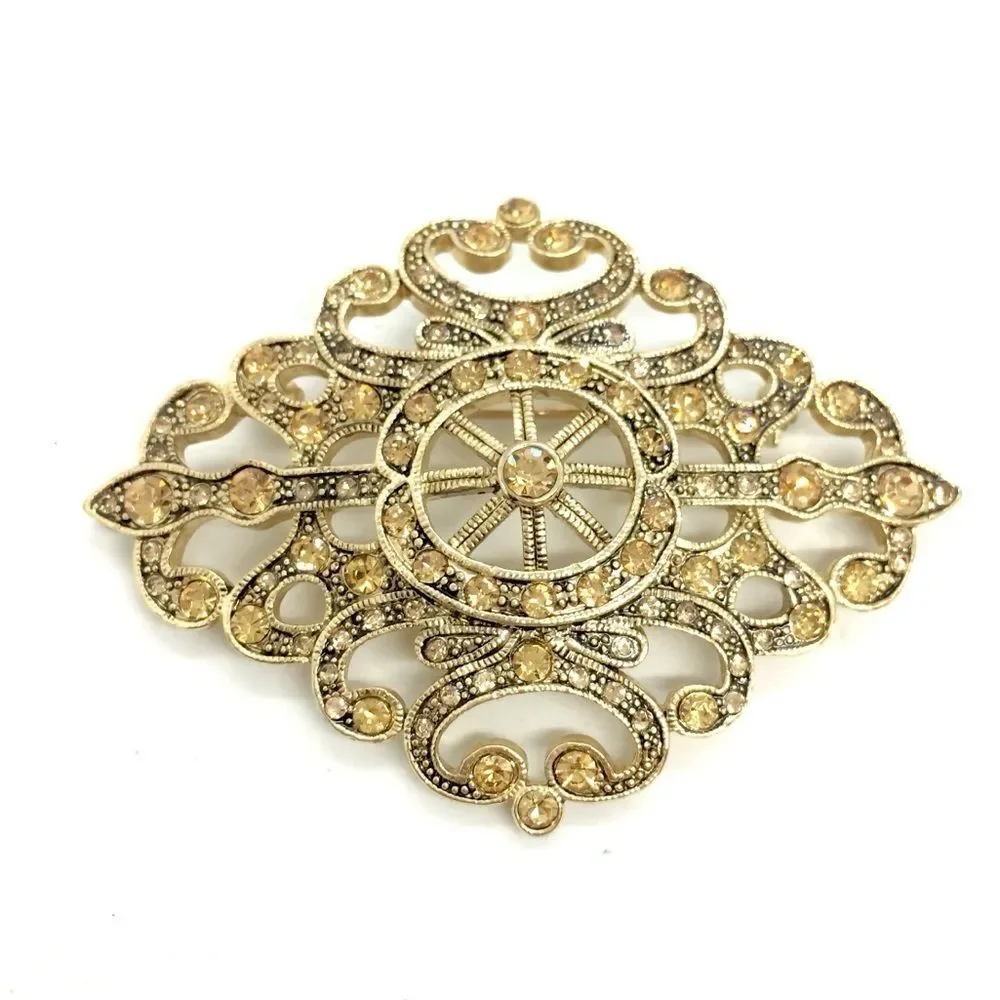 VINTAGE MONET BROOCH Rhinestone Gold Tone Filigree Statement Pin Signed